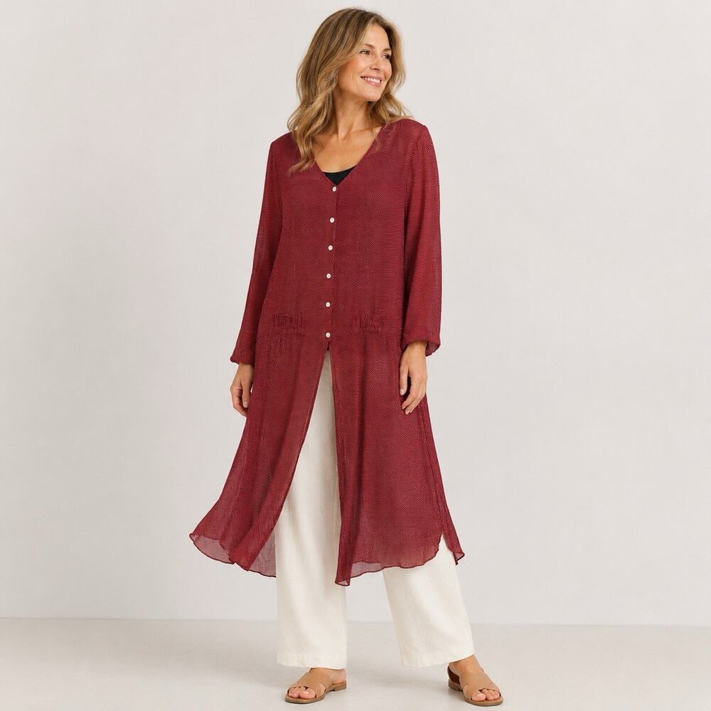 Vintage April Cornell Trading Long Rayon Duster Top Small Red Dotted Boho 90’s